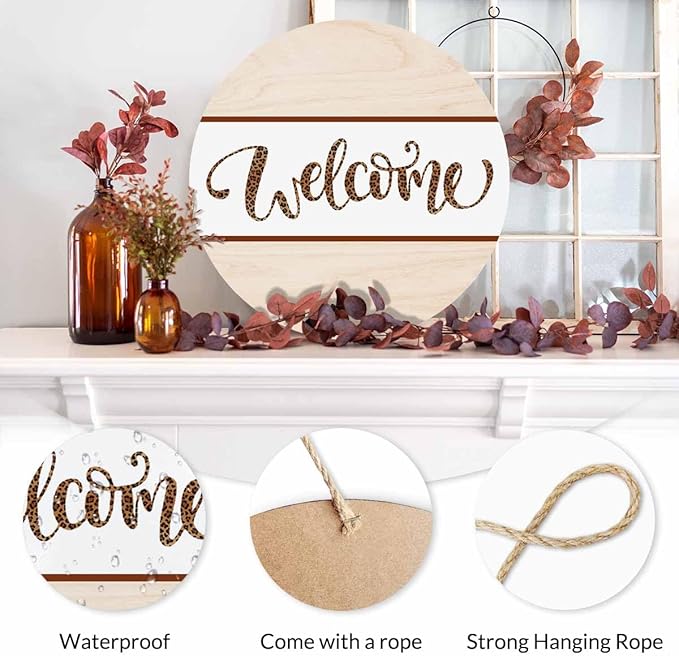 Welcome Wreath Sign Leopard Print 12 Inch Farmhouse Front Porch Decor Door Hanging Hanging Door Wall Sign