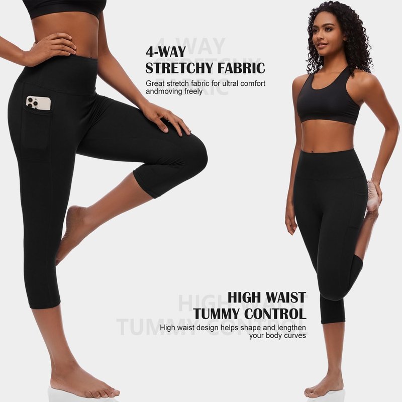 FULLSOFT Black Capri Leggings with Pockets for Women - High Waisted Tummy Control Soft Butt Lifting Workout Clothes for Women Yoga Pants Short Leggings Capris Y2k(Black with Pockets,Small-Meduim)