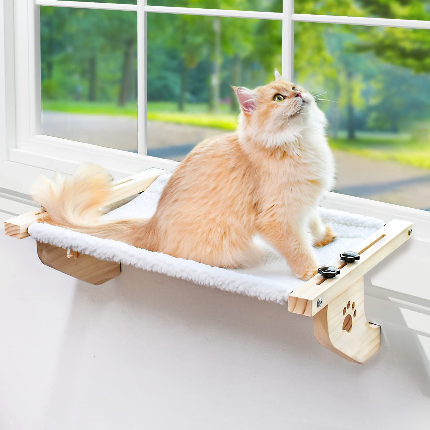 AMOSIJOY Cat Sill Window Perch Sturdy Cat Hammock Window Seat with Wood & Metal Frame for Large Cats, Easy to Adjust Cat Bed for Windowsill, Bedside, Drawer and Cabinet