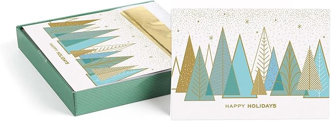Masterpiece Contemporary Trees Gold Foil Holiday Cards / 15 Boxed Modern Christmas Cards With Shiny Foil Lined Envelopes / 5 5/8" x 7 7/8" Folded Winter Greeting Cards With Inside Verse