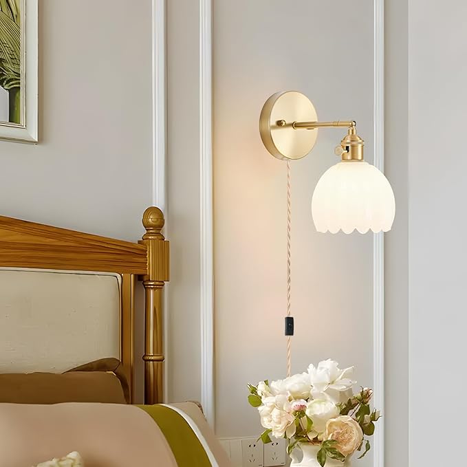 Plug in Wall Sconce, Vintage Sconce Light with Tulip Milk White Glass Lampshade, 180° Adjustable Wall Sconce with Switch and Plug in Wall Lamp Cord, Gold Wall Light for Bedroom Bedside
