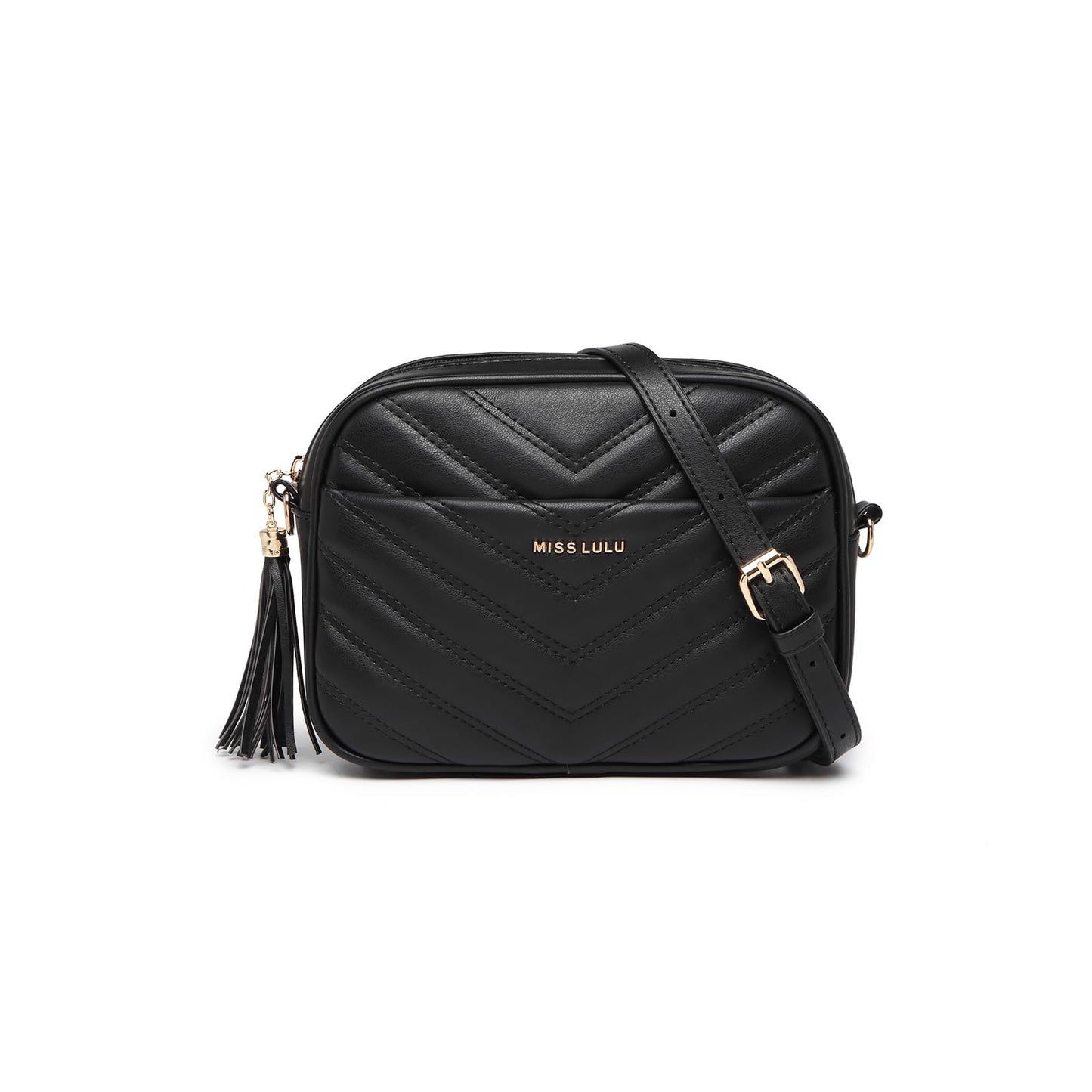 Miss Lulu Women's Small Black Crossbody Shoulder Bag with Adjustable Strap - PU Leather, V-Shaped Pattern & Tassel Detail