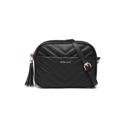 Miss Lulu Women's Small Black Crossbody Shoulder Bag with Adjustable Strap - PU Leather, V-Shaped Pattern & Tassel Detail