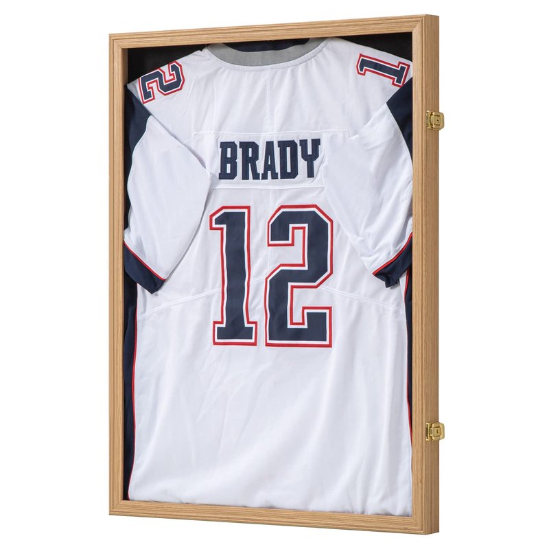 KCRasan Jersey Frame Display Case - Jersey Display Case - Large Lockable Frames Shadow Box with UV Protection for Baseball Basketball Football Soccer Hockey Sport Shirt Military Uniform Oak Finish
