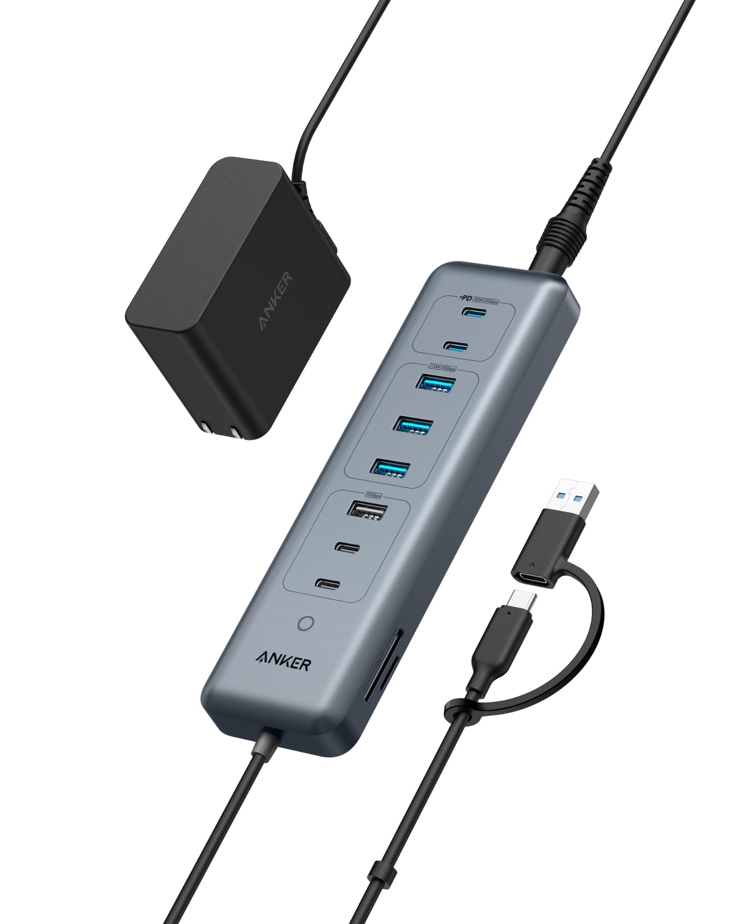 Anker USB C Hub, 8-in-1 5Gbps Data Hub, USB Splitter with 3 USBA and 4 USBC Ports, 100W PD-in, 2-in-1 USB-Connector, for Laptop, MacBook, iPad and More (45W Adapter Included)