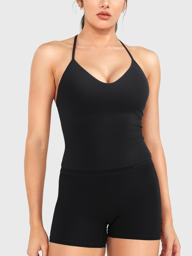 YEOREO CoreFlex Women's Impact Halter Tank Top Strappy Padded Open Back Deep V Neck Built-in Bra Workout Gym Crop Tops Black S