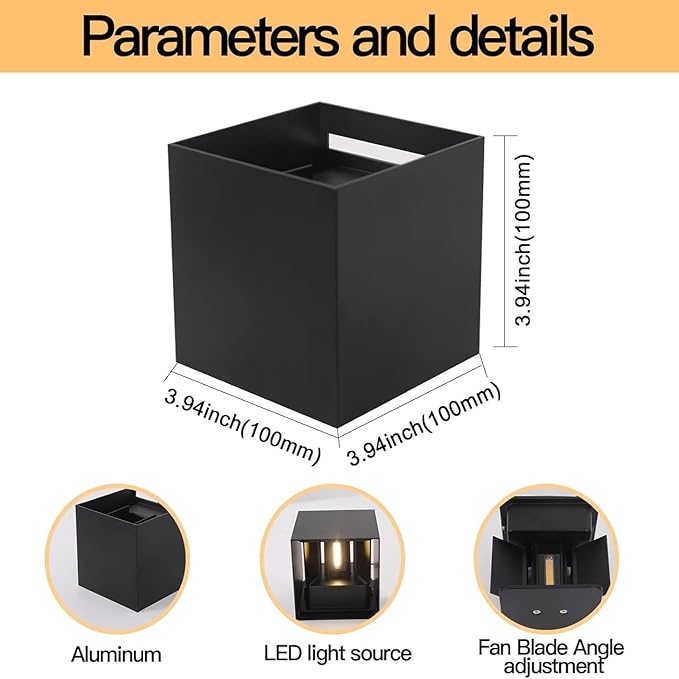 12W 2Pack Outdoor Wall Lights Exterior/Interior,LED Black Outdoor Wall Sconces Light Fixtures Modern,IP65 Waterproof Square Aluminum Wall Lamps, Up and Down Lights 3000K Warm Lights