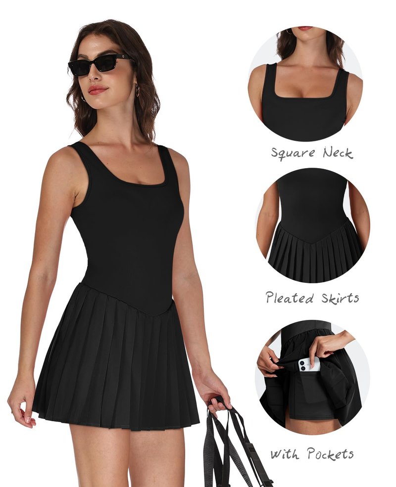 NIASHOT Summer Black Dresses for Women 2026 Athletic Dress with Shorts Sundresses Spring Tennis Dress Mini Graduation Pleated Rompers Pilates Outfits Fitness Fashion Clothing M