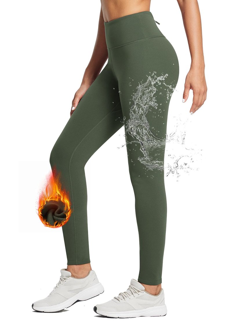 baleaf Fleece Lined Leggings for Women Water Resistant Thermal Hiking Pants Running Gear Skiing Tights Cold Weather Green M