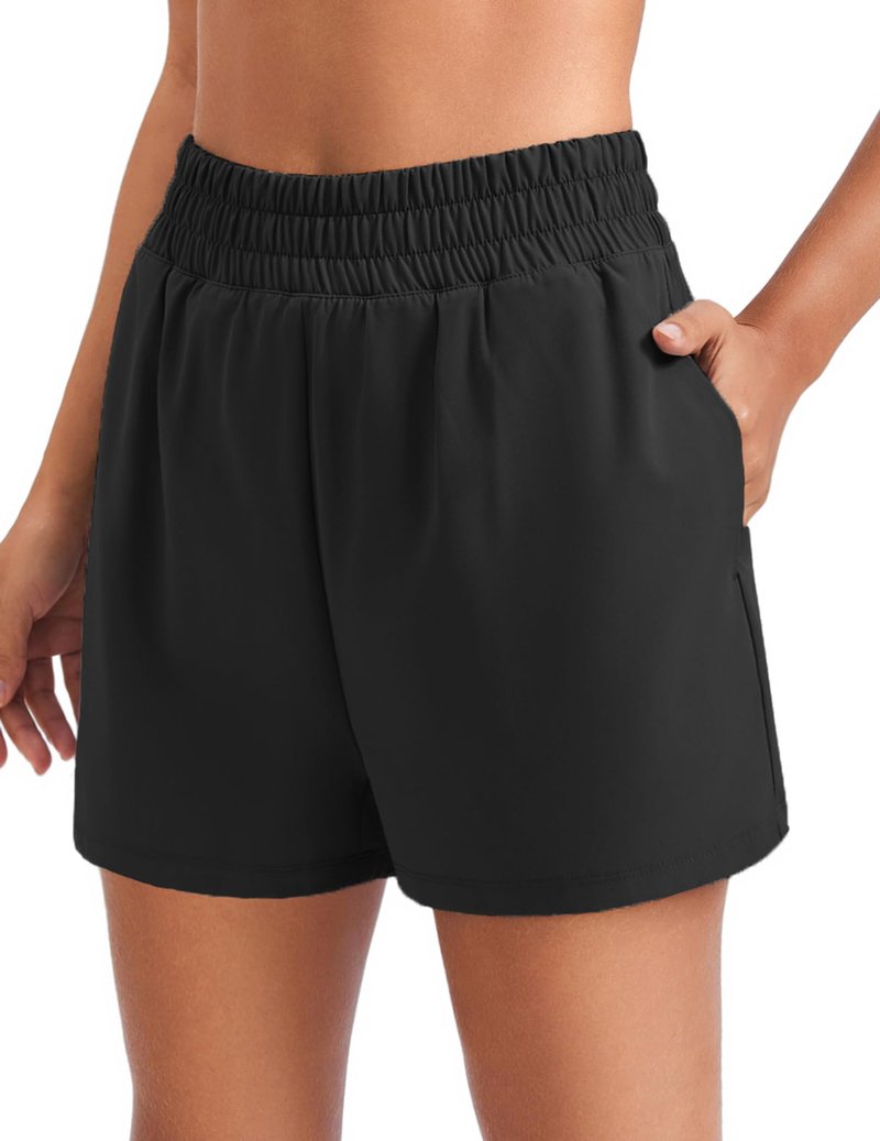 PINSPARK Women's Workout Shorts with 4 Pockets 2 in 1 Running Shorts High Waisted Athletic Shorts 3" Quick Dry Gym Training Shorts Black M