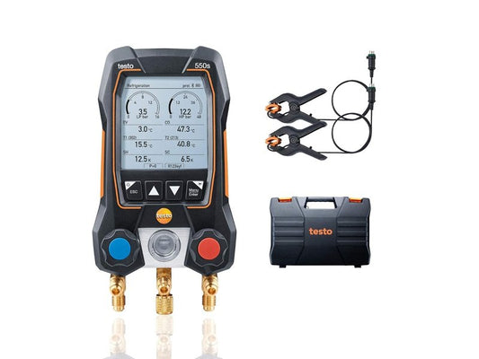 testo 550s AC Manifold Gauge Set – Manifold Gauges HVAC – Incl. 2 Wired Temperature Clamp Probes – Recharge Kit with Superheat, Subcooling For AC, Refrigeration & Heat Pumps – Bluetooth
