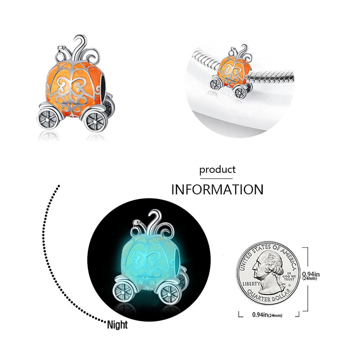 BEVALY Halloween Glow-in-the-dark Pumpkin Car Charm Fit for Pandora Bracelets and Necklaces, 925 Sterling Silver Bead Jewelry Gift for Women