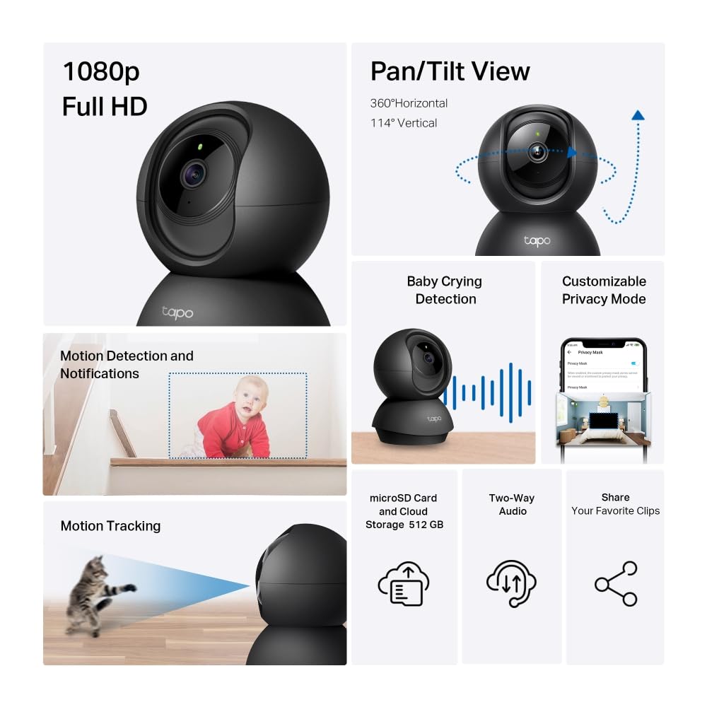Tapo C201 Pan/Tilt Indoor Camera House Security Camera, WiFi Camera, No Monthly Fee, AI Detection, Dog Camera, Baby Camera Monitor, 1080p Full HD, 360° View, Night Vision, Works with Alexa & Google