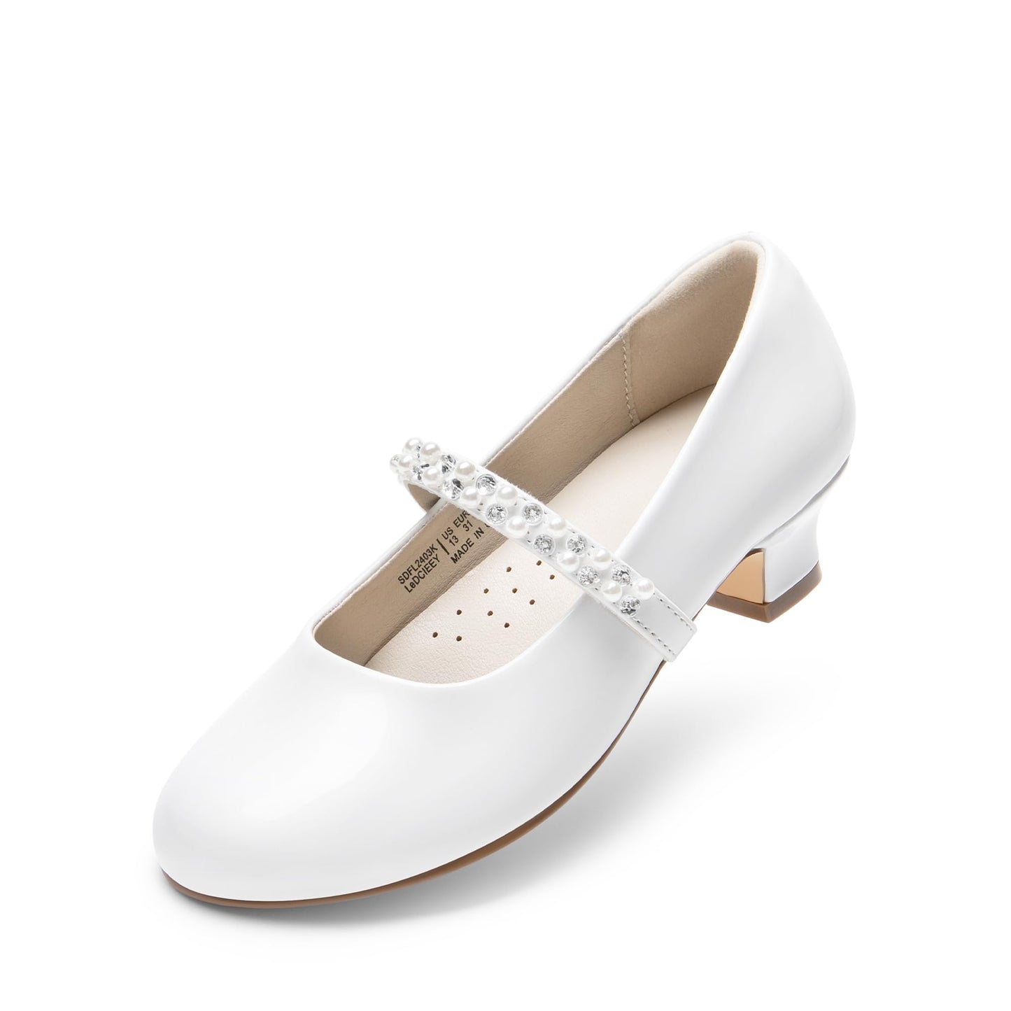 DREAM PAIRS Girls Party Shoes Low Heels for Little Big Girl Mary Jane Shoes with Pearl Rhinestones Flower Girl Pumps Princess Wedding,Size 3 Big Kid,White,SDFL2403K