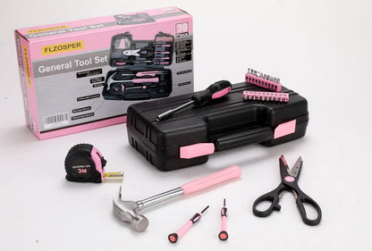 39-Piece General Tool Set-Essential Household Hand Tool Kit with Portable Toolbox Storage Case（Pink）
