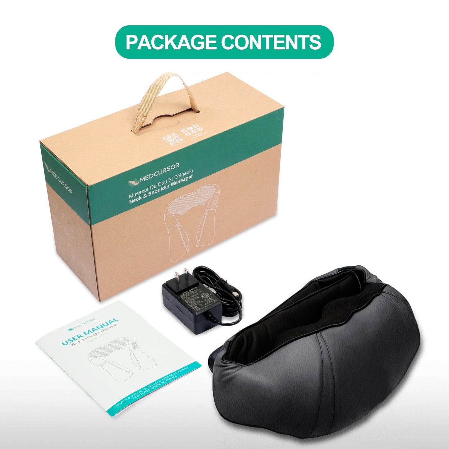 Medcursor Neck Massager, Portable Electric Shiatsu Back Massage Device with Heat, Deep Tissue 3D Kneading Pillow for Muscle Pain Relief (No Battery)