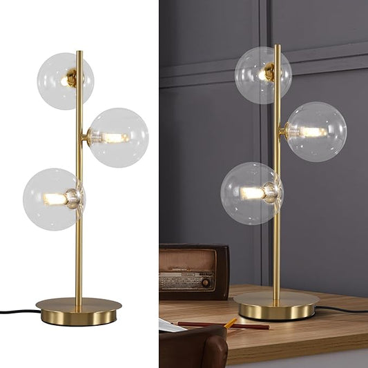 Mid Century Globe Table Lamp, Modern 3 Lights Gold Desk Lamp, Contemporary White Glass Globe Reading Lamp for Bedroom Living Room Study Room
