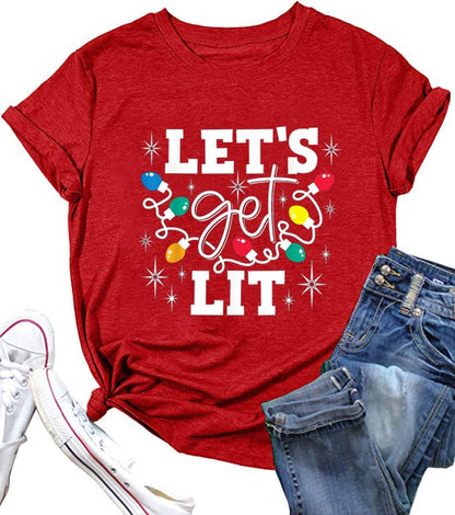 Christmas Shirts for Women Let's Get Lit Shirt Cute Lights Graphic Short Sleeve Xmas Tops TeesS Red