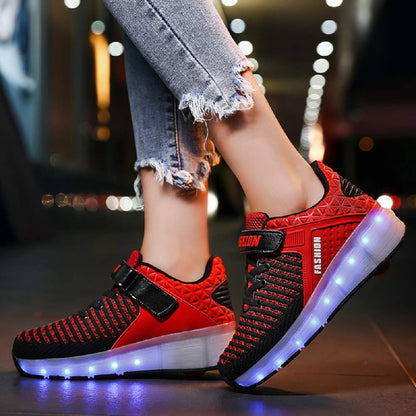 Ehauuo Kids Wheels Shoes with Lights Rechargeable Roller Skates Retractable LED Flashing Sneakers for Unisex Girls Boys Beginners Gift