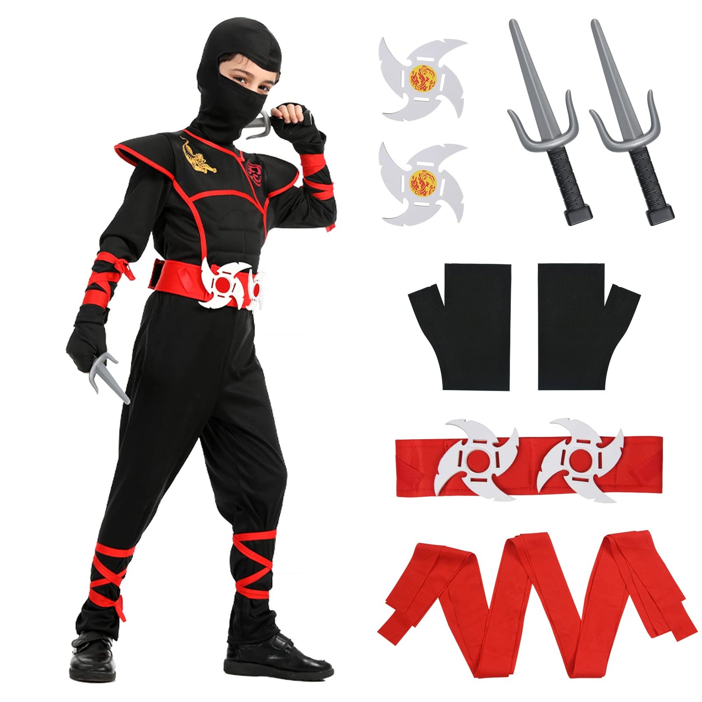 Aomig Kids Halloween Fancy Dress Costume with Ninja Accessories, Warrior Muscle Costume for Boys Girls, Luxury Role Play Outfit for Halloween Cosplay Theme Party (M)