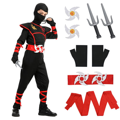 Aomig Kids Halloween Fancy Dress Costume with Ninja Accessories, Warrior Muscle Costume for Boys Girls, Luxury Role Play Outfit for Halloween Cosplay Theme Party (M)