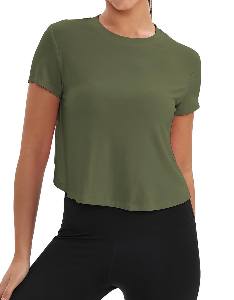 Mippo Workout Tops for Women Short Sleeve Yoga Gym Shirt Athletic T Shirts Breathable Exercise Clothes Activewear Loose Fit ArmyGreen M