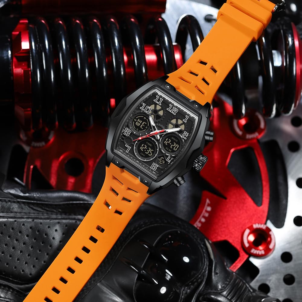 FANMIS Watch for Men Fashion Hollow Unique Rectangle Dial Wristwatch Waterproof Sport Digital Analog Dual Time Display Stopwatch Punk Cool Design Silicon Strap Dress Watch (Orange)