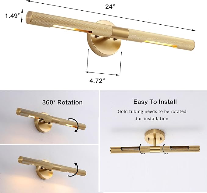 Brushed Brass Picture Light 24 inches Modern Gold Wall Sconce with Knurled Texture Cylinder Metal Shades Rotatable 360°Indoor Wall Lighting Fixture Bathroom Vanity Light Bedroom Living Room