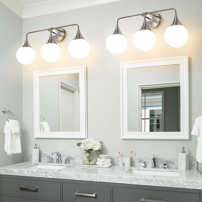 Bathroom Vanity Light Fixtures: Brushed Nickel 3-Light Mid Century Modern Bathroom Lighting Fixtures Over Mirror - Wall Sconce with Milky White Globe Glass for Bath Living Room