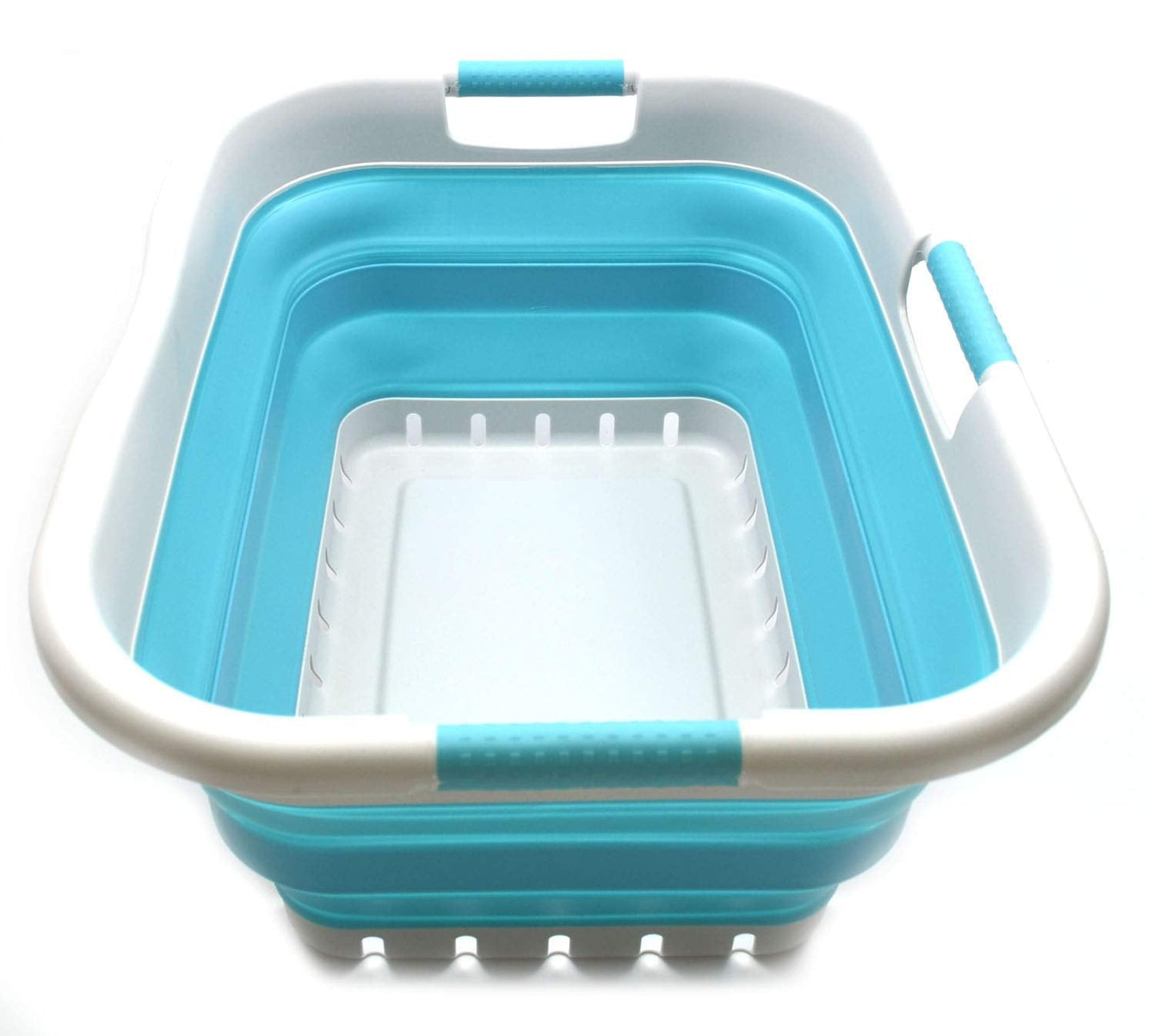 SAMMART 41L (10.8 gallon) Collapsible Plastic Laundry Basket - Foldable Pop Up Storage Container/Organizer - Portable Washing Tub - Space Saving Hamper/Basket (3 handled rectangular, Grey/Bright Blue)