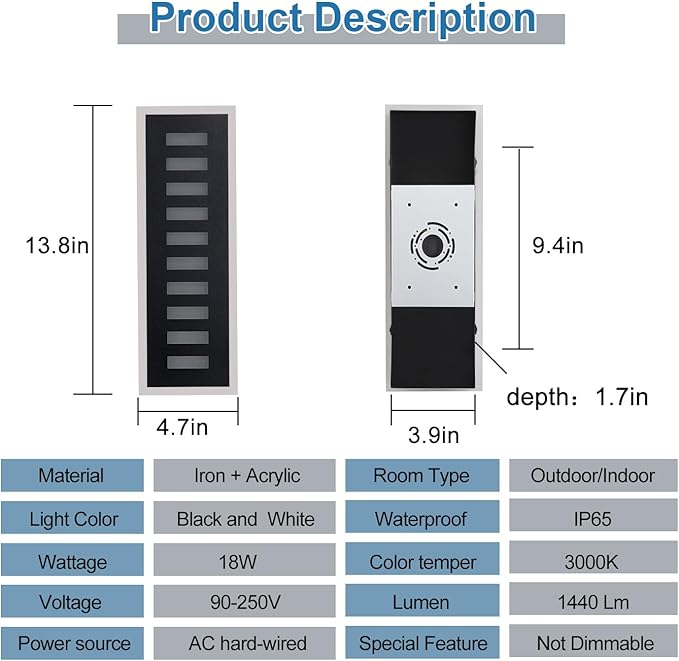Outdoor Wall Light LED 18W Long 11.8in - Black Metal Waterproof Modern Exterior Lighting Fixture,3-Color Changeable,Frosted Acrylic Porch Sconce,for Patio,Garage,Courtyard