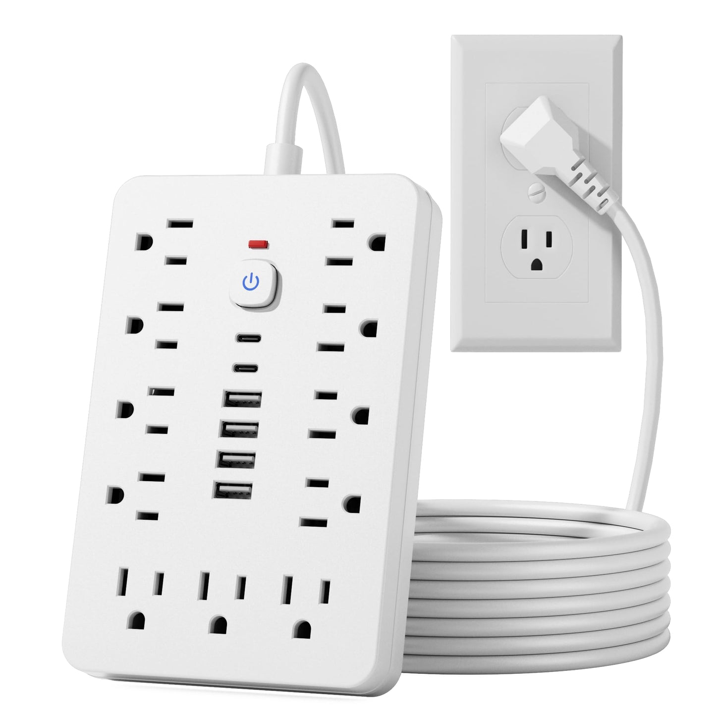 6 FT Flat Plug Surge Protector Power Strip,11 Multiple AC Outlets with 6 USB Ports (2 USB C), 6 Feet Extension Cord, 1250W/10A, One Touch Switch Button, 17 in 1 Compact powerstrip