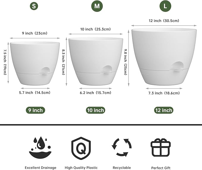 ZMTECH 9/10/12 Inch Self Watering Plant Pots with Watering Lip, Planters with Drainage Holes and Removable Saucer, Plastic Flower Pots for Indoor Outdoor Plants (3 Pack, Pure White)