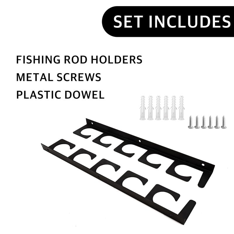 RidingRush Fishing Rod Rack Wall or Ceiling Mount, 2 Set Fishing Pole Holder, Holds 5 Rods per Set, Space Saving Garage Boat Rod Storage Organizer