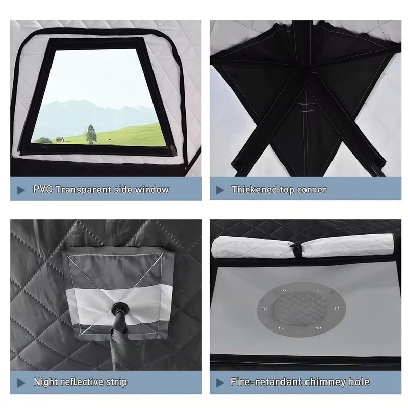 Quick-Opening ice Fishing Tent, 420D Hexagonal Insulated Tent, Accommodates 6-8 People; Portable ICES Grey ice Fishing hut with Stove and Chimney Floor, Ideal for ice Fishing and Winter Camping