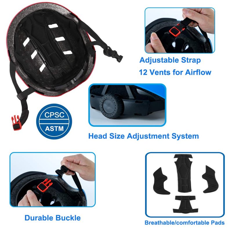 Apusale Bike Skateboard Helmet, Adjustable and Multi-Sport for Skate Scooter, 3 Sizes for Adult Youth Kids Toddler (Black)
