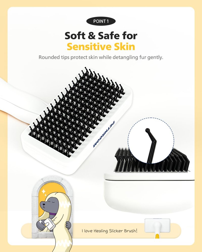 PETHROOM Self-Cleaning Slicker Brush for Dogs & Cats – Gentle Grooming & Deshedding Tool, Removes Mats & Tangles, Skin-Friendly Coated Tips, One-Touch Hair Removal Button