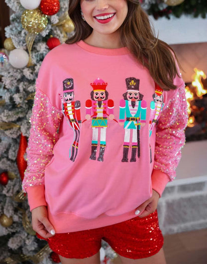 Yiulangde Ugly Christmas Sweater Nutcracker Ballet Sparkly Sequin Long Sleeve Shirt Cute Santa Sweatshirt Pullover Sweaters for Women