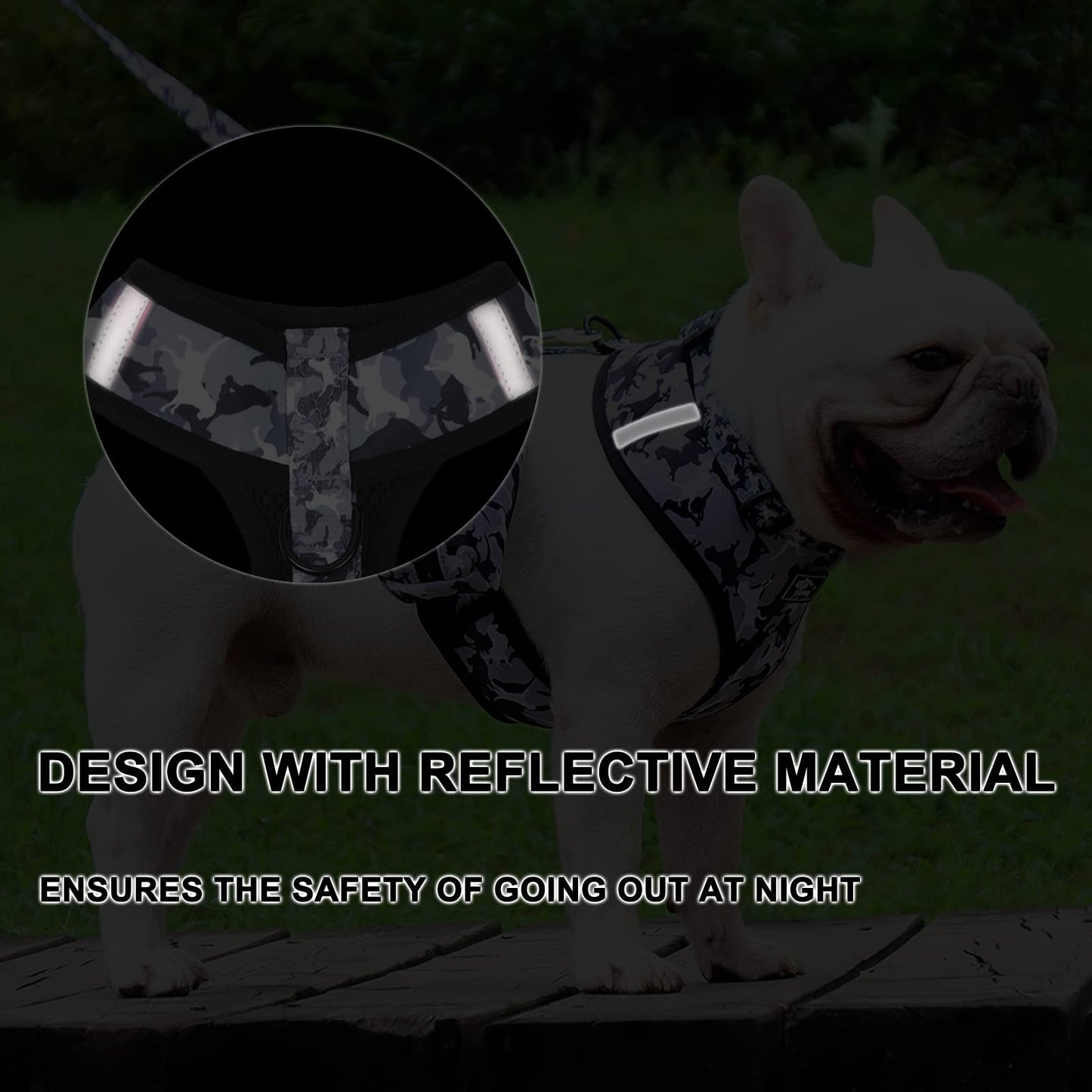 Dog Harness and Leash Set for Small Dogs, Adjustable Reflective No Pull Dog Vest Harness for Puppy with Bow-tie Collar, Leash and Poop Bag (M, Grey Camouflage)