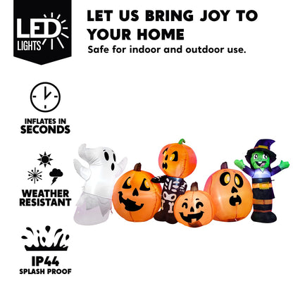 Joiedomi 8 ft Long Halloween Inflatable Three Characters and Pumpkin Patch Outdoor Decoration, Blow Up Inflatables Witch Ghost Skeleton Yard Decorations with LEDs for Party Yard Lawn Garden Decor