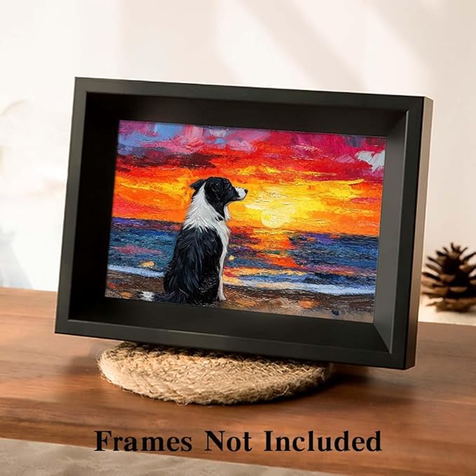 Yesad Dog Wall Art, Border Collie Painting Sunset Beach Canvas Print Impressionist Artwork Colorful Poster Pictures Gift for Dog Lover Wall Décor for Living Room Bedroom (Unframed,12”x8”, Dog1)