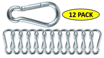 Branded Boards Black & Silver Zinc-Galvanized Heavy Duty Bushcraft Carabiner Spring Snap Clip Link Hooks 200-500lb Load 2, 6 & 12 Packs (Silver-7cm-12 Pack)