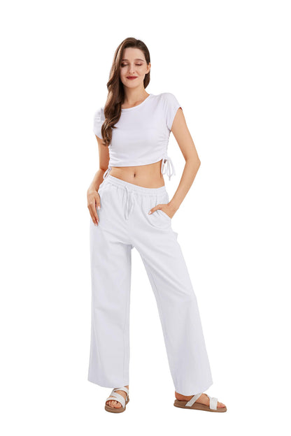 CHARTOU Women's Summer Drawstring Waist Wide Leg Loose Cotton Linen Palazzo Pants