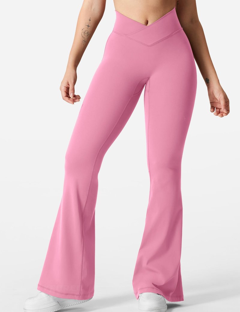 YEOREO Kalie Flare Scrunch Leggings for Women V Cross Waist Bell Bottom Yoga Pants Tummy Control Bootcut Workout Leggings Begonia Pink M