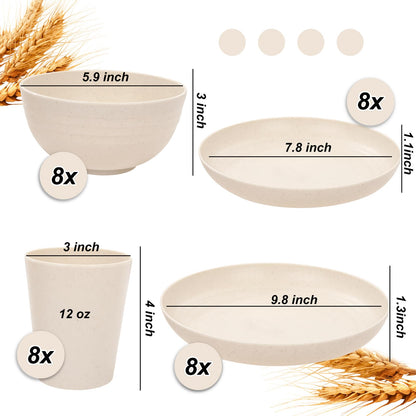 LIYH 32 Pcs Beige Wheat Straw Dinnerware Set for 8, Plastic Plates and Bowls Set, Unbreakable Dishes Set for 8, Dishwasher & Microwave Safe Reusable