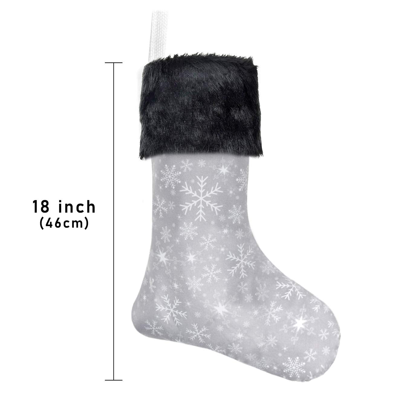 Senneny Christmas Stockings- 4 Pack 18" Grey and White Snowflake Christmas Stockings with Black Plush Faux Fur Cuff, Large Christmas Stockings Decorations for Family Christmas Holiday Party