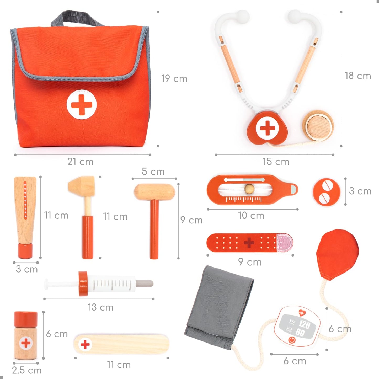 UMU® Mini Wooden Doctor Kit for Kids – 14-Piece Pretend Play Medical Set with Stethoscope, Blood Pressure Monitor & More – Toy Doctor Case for Children Age 3 4 5