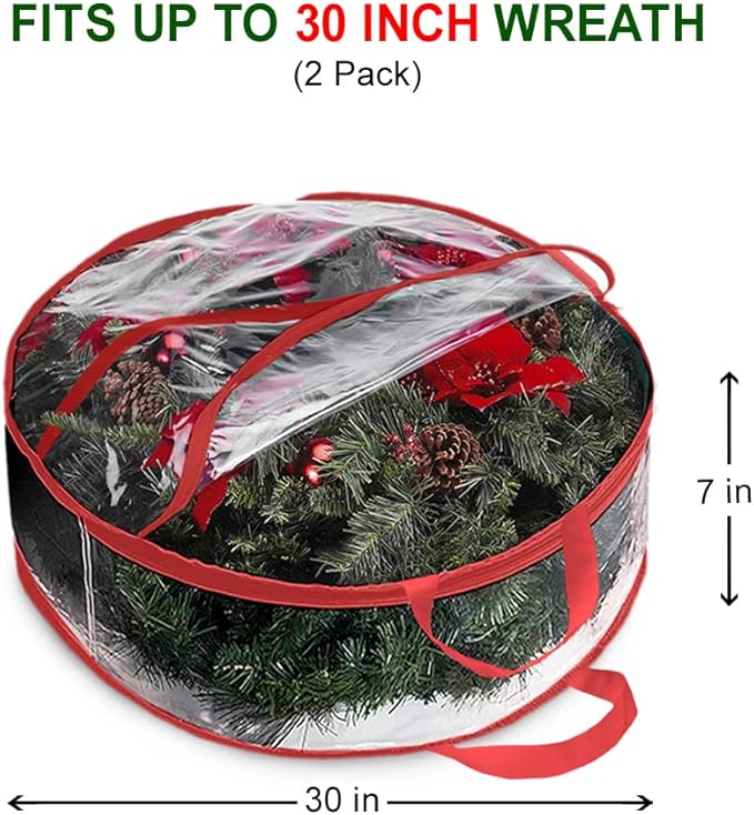 ProPik Christmas Wreath Storage Bag 30" - 2 Pack Clear Christmas Wreath Storage Container - Garland Holiday Artificial Wreath Storage Holder - Water Proof Transparent Clear PVC (30 Inch, Red)