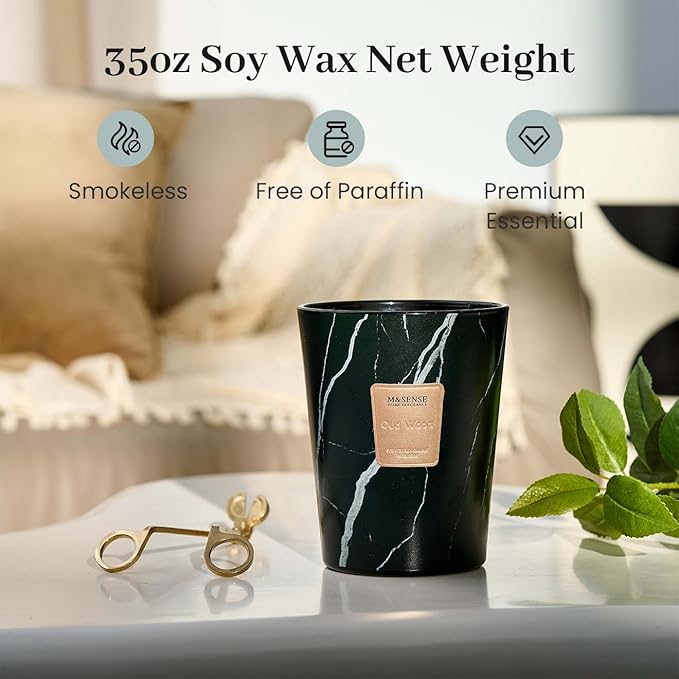 M&SENSE OudWood Scented Candles for Home, 3-Wick Highly Scented Jar Candles, Extra Large Candle 35 Oz 150 Hours Long Lasting Burning, Relaxing Aromatherapy Candle for Stress Relief, Meditation