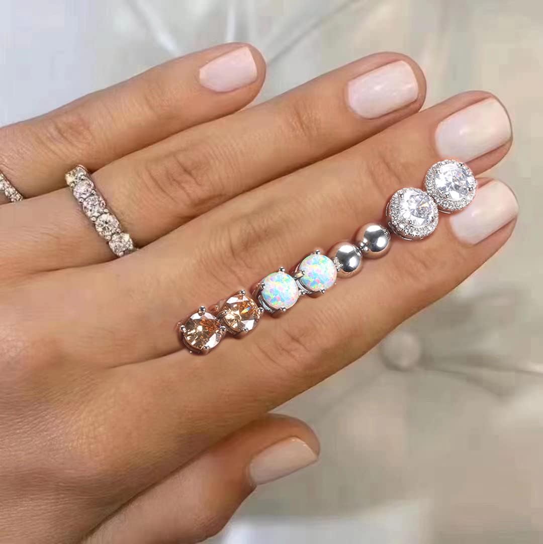 Dochais 4 Pairs Cubic Zirconia Stud Earrings Set 18K Gold Plated Hypoallergenic 4 Prong CZ Earrings for Women Girls Round Opal Ball Stud Tragus Cartilage Ear Jewelry